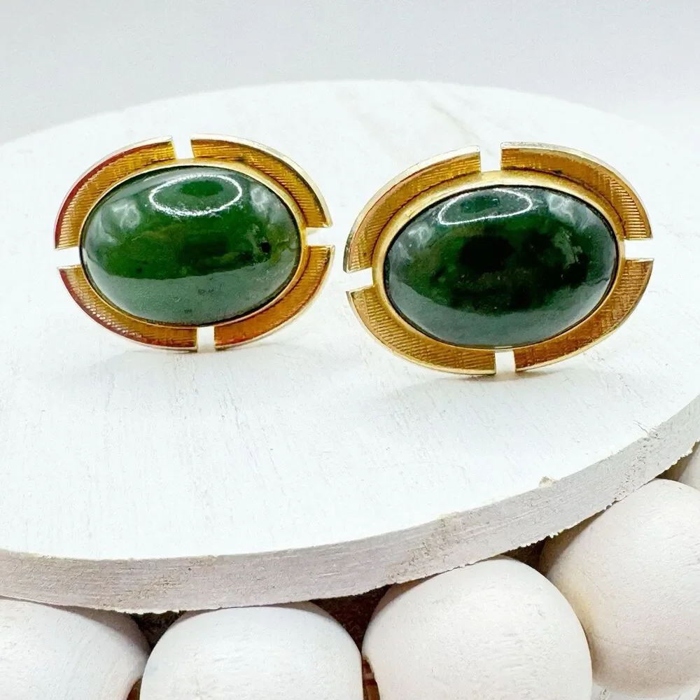 Anson Vtg MCM Green Faux Jade Cabochon Oval Gold wedding Cufflinks Mid Century